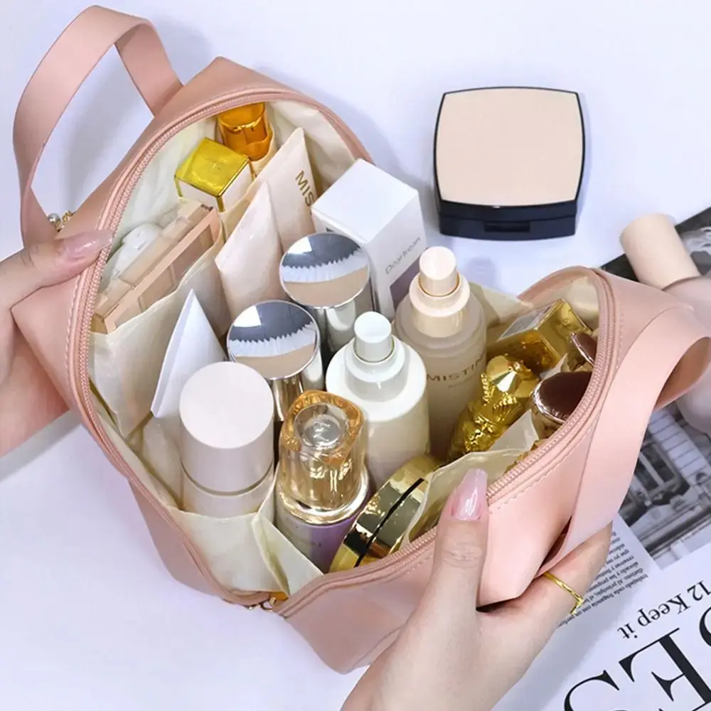 Large Capacity Travel Cosmetic Bag Portable Leather Toiletry Bag with Handle Organizer Multifunctional Waterproof Makeup Bag