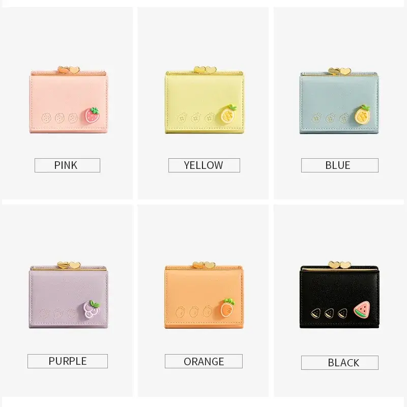 Cute Small Leather Pocket Wallet for Women Fruit Print Bifold Coin Purse Ladies Mini Short Purse Money Card Holders Clutch Bags