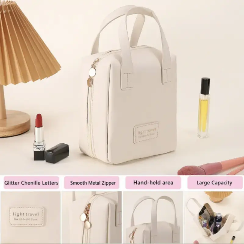 Large Capacity Travel Cosmetic Bag Portable Leather Toiletry Bag with Handle Organizer Multifunctional Waterproof Makeup Bag