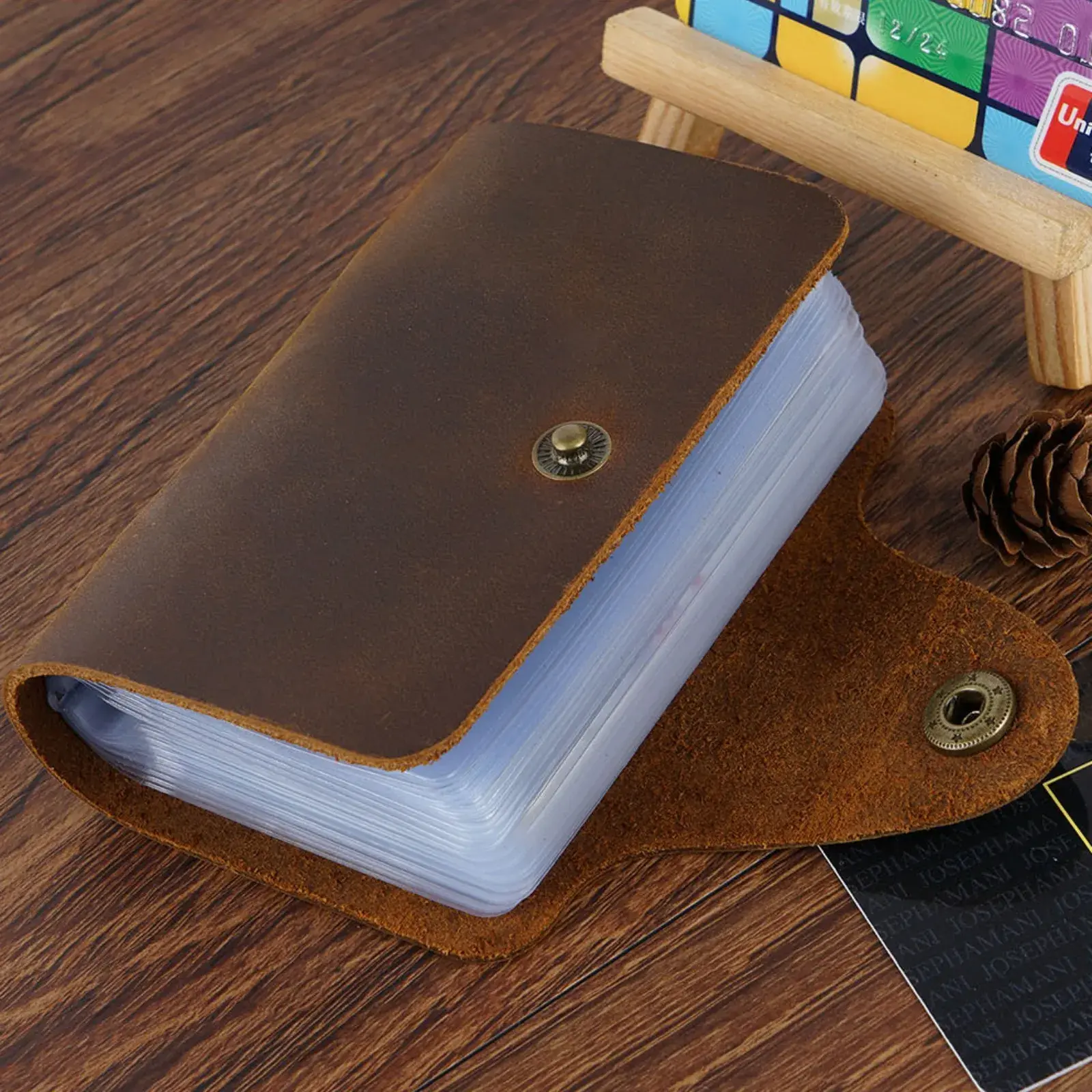 Genuine Leather Card Holder with 20 Card Slots, Minimalist Leather Pocket Wallet Card Case with Snap for Women Men Travel Wallet