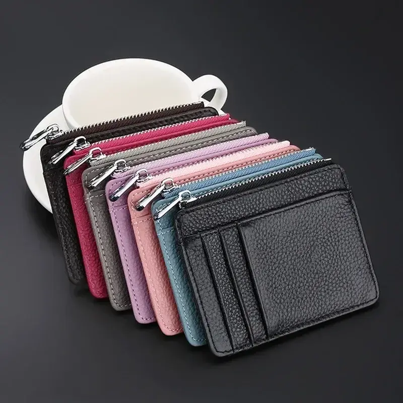 Fashion Women's Genuine Leather Card Wallet with Zipper Pocket Slim Small Coin Purse