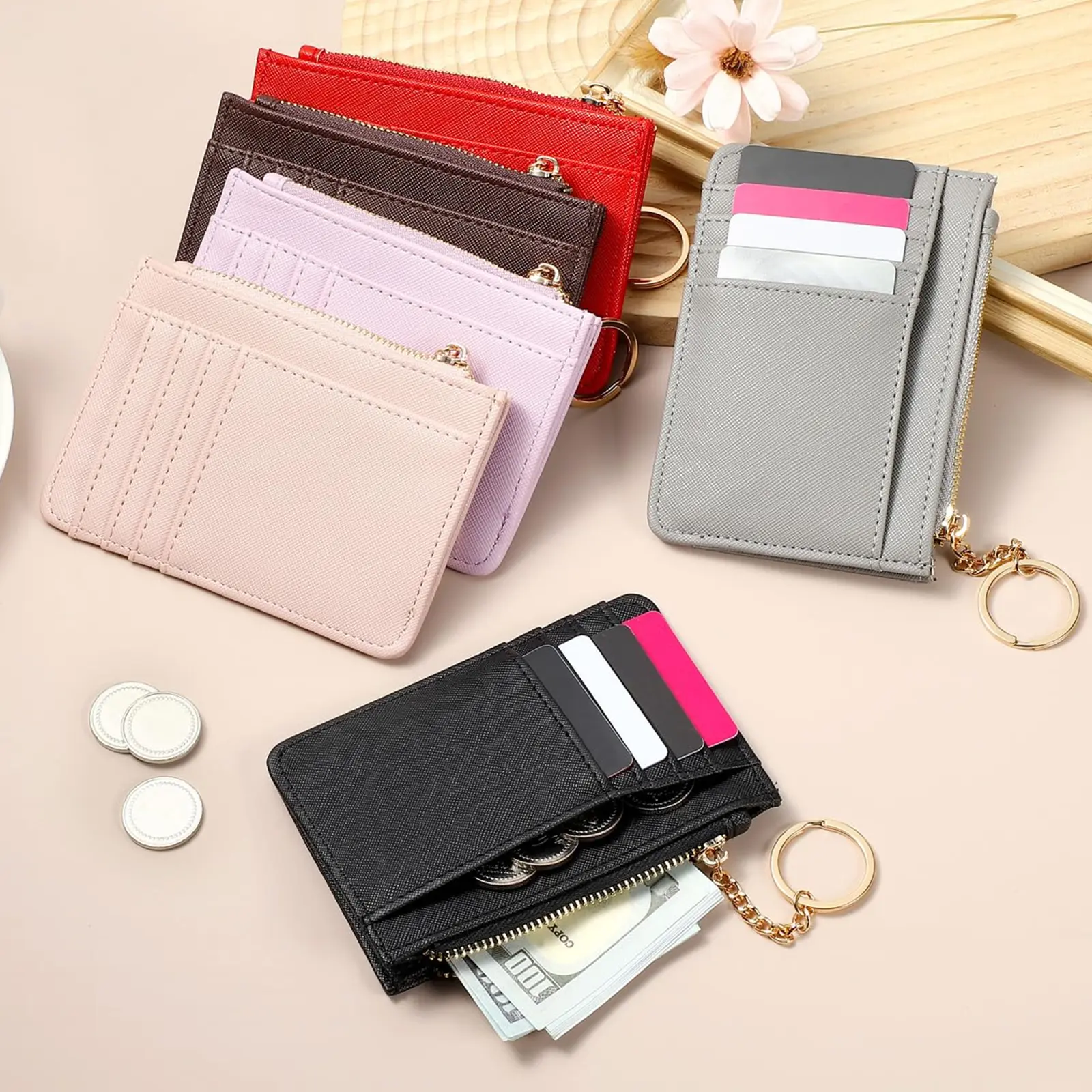 PU leather ladies' wallet, zippered coin purse, mini key case, multi-slot card holder,A-DH