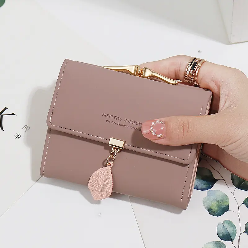 2024 summer Explosion-style women's short wallet Korean PU leather simple everything with solid color personality leaf pendant b