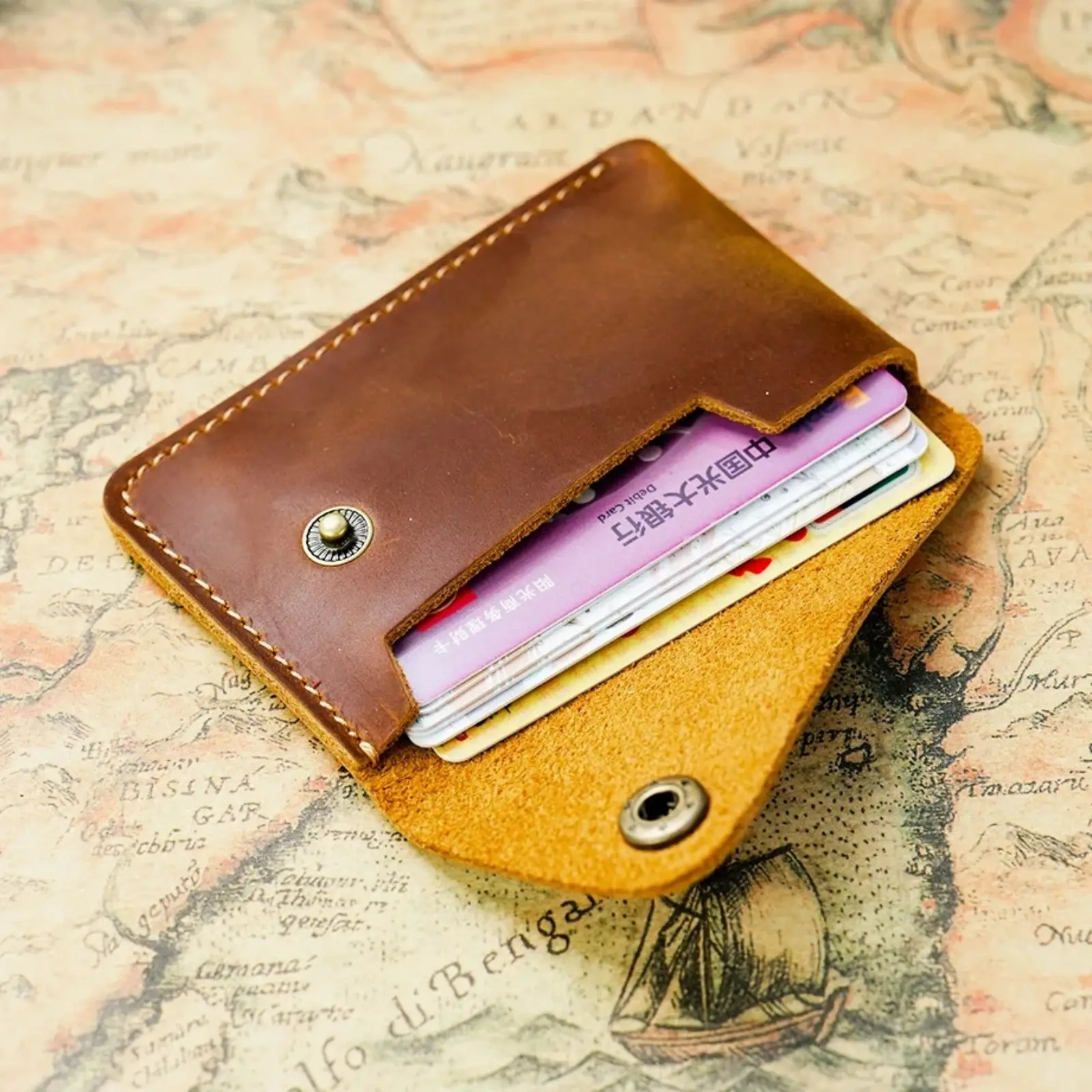 Genuine Leather Credit Card Holder Portable Pocket Wallet Minimalist Small Change Pouch Coin Purse with Snap Closure