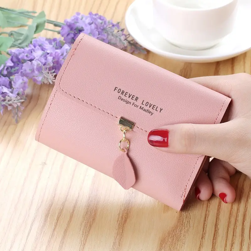 Small Wallet PU Leather Leaf Pendant Card Holder Organizer Zipper Girls Coin Purse for Women Wallet