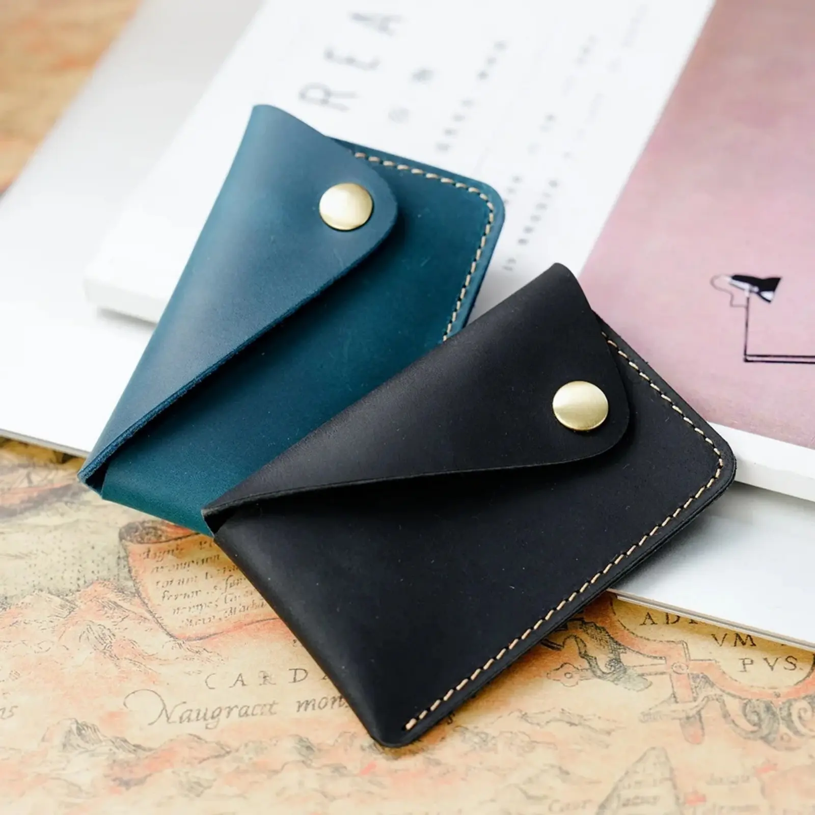 Genuine Leather Credit Card Holder Portable Pocket Wallet Minimalist Small Change Pouch Coin Purse with Snap Closure