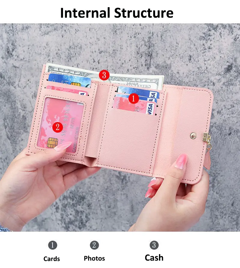 Small Wallet PU Leather Leaf Pendant Card Holder Organizer Zipper Girls Coin Purse for Women Wallet
