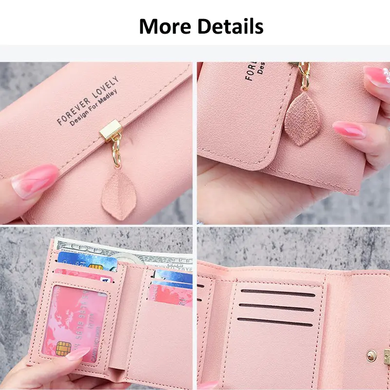 Small Wallet PU Leather Leaf Pendant Card Holder Organizer Zipper Girls Coin Purse for Women Wallet