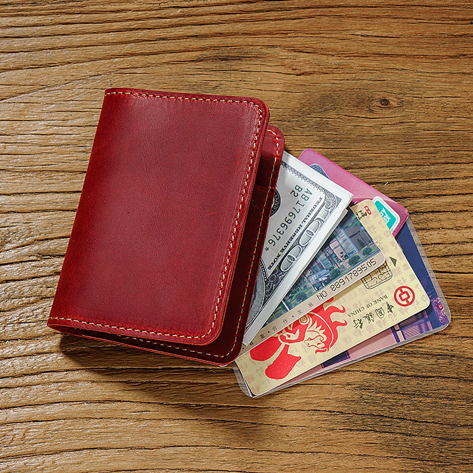 Genuine Leather Bifold Card Holder Vintage Minimalist Card Pocket Wallet Business Card Case with ID Window for Travel Gift