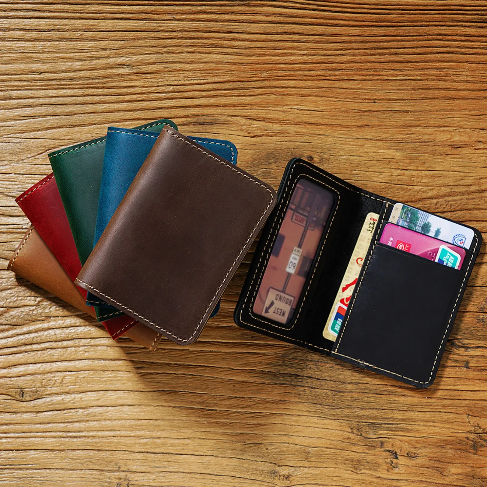 Genuine Leather Bifold Card Holder Vintage Minimalist Card Pocket Wallet Business Card Case with ID Window for Travel Gift