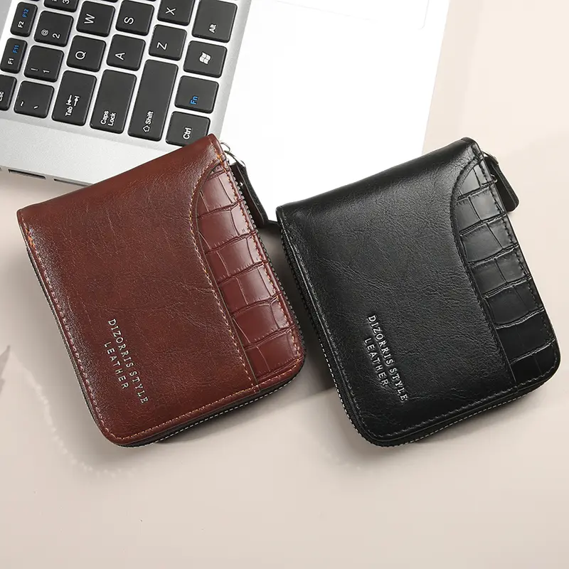 Men's short wallet spliced stone pattern large capacity three fold bag zipper coin wallet multi card money clip