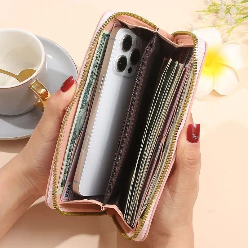Hold a single pull purse Women's long zipper multi-functional leather wallet large capacity mobile phone