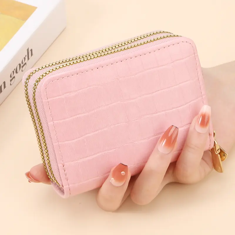 Anti-magnetic theft-proof double-pull card wallet, fashionable women's crocodile pattern zipper coin purse, cross-border RFID