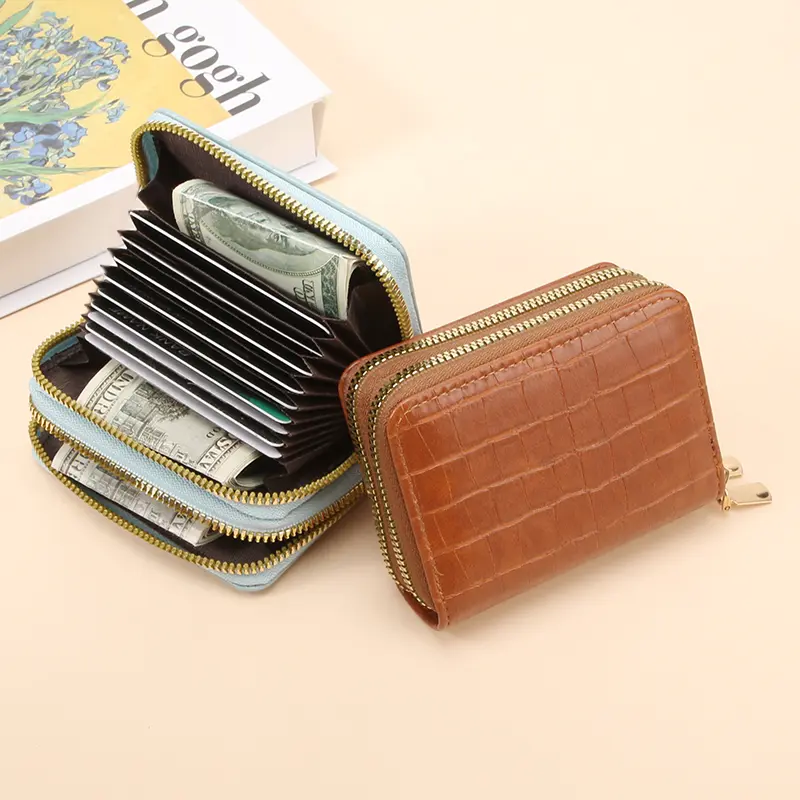 Anti-magnetic theft-proof double-pull card wallet, fashionable women's crocodile pattern zipper coin purse, cross-border RFID