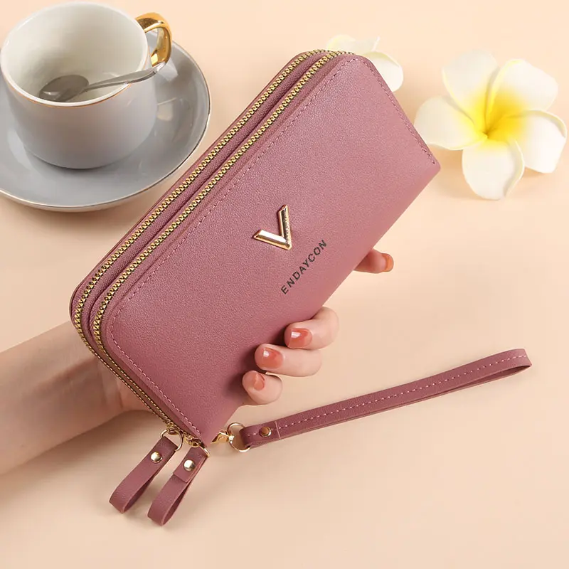 New purse women's double zipper long hand bag fashion simple lychee pattern large capacity double wallet mobile phone bag