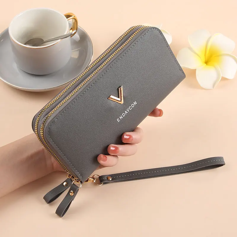 New purse women's double zipper long hand bag fashion simple lychee pattern large capacity double wallet mobile phone bag