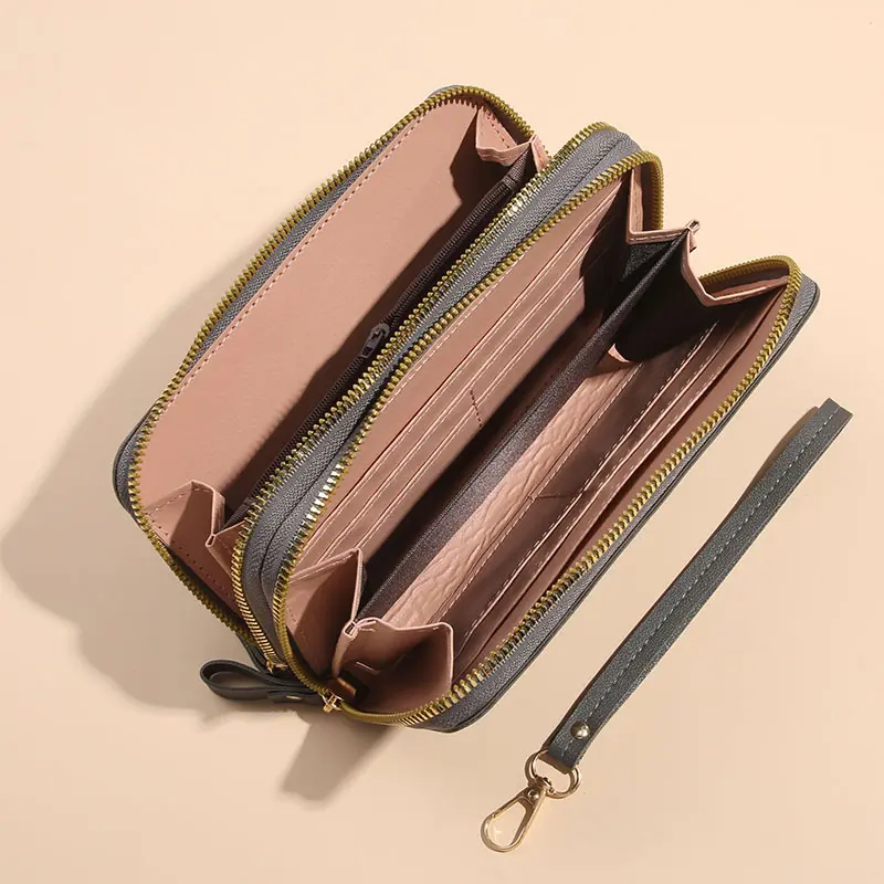 New purse women's double zipper long hand bag fashion simple lychee pattern large capacity double wallet mobile phone bag