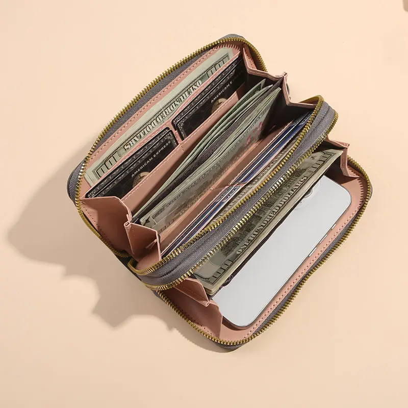 New purse women's double zipper long hand bag fashion simple lychee pattern large capacity double wallet mobile phone bag