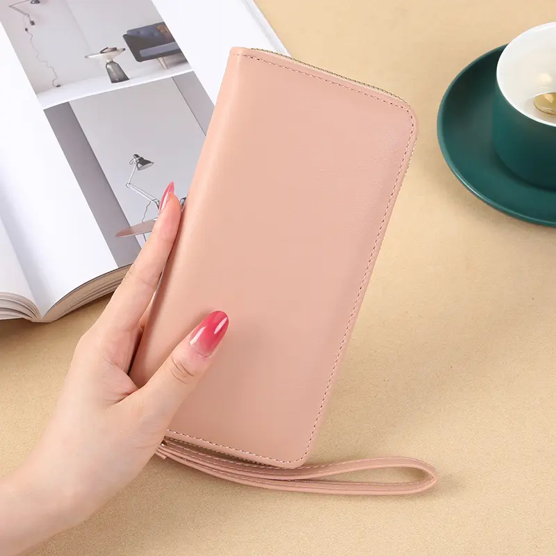 New Women's Long Single Zipper Wallet Solid Color Simple Zipper Phone Bag Multi functional Large Capacity Handheld Bag