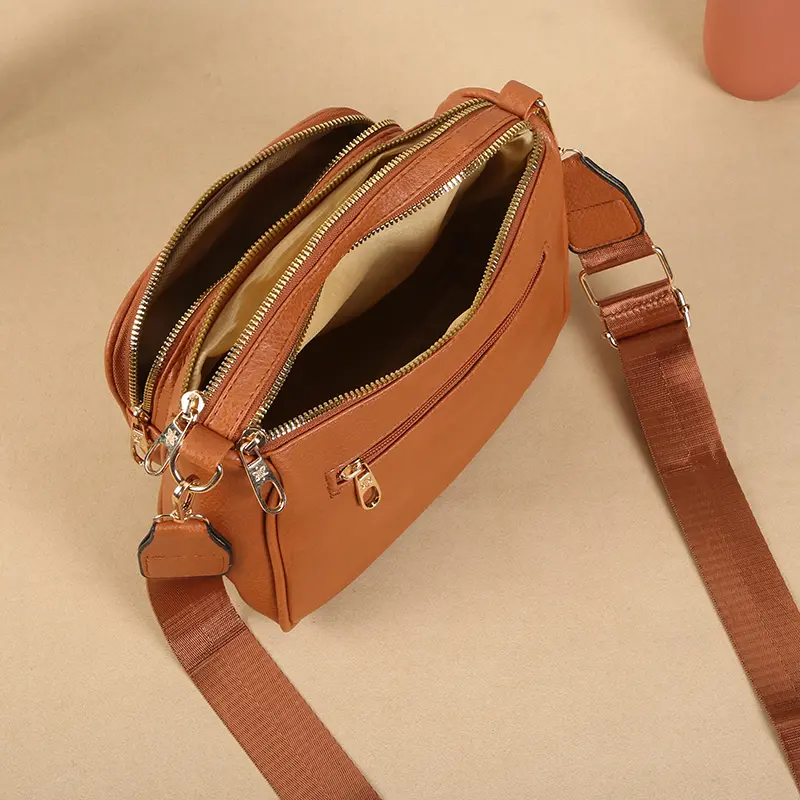 New multi-layer multi zipper middle-aged women's soft leather large capacity shoulder bag versatile and simple crossbody bag