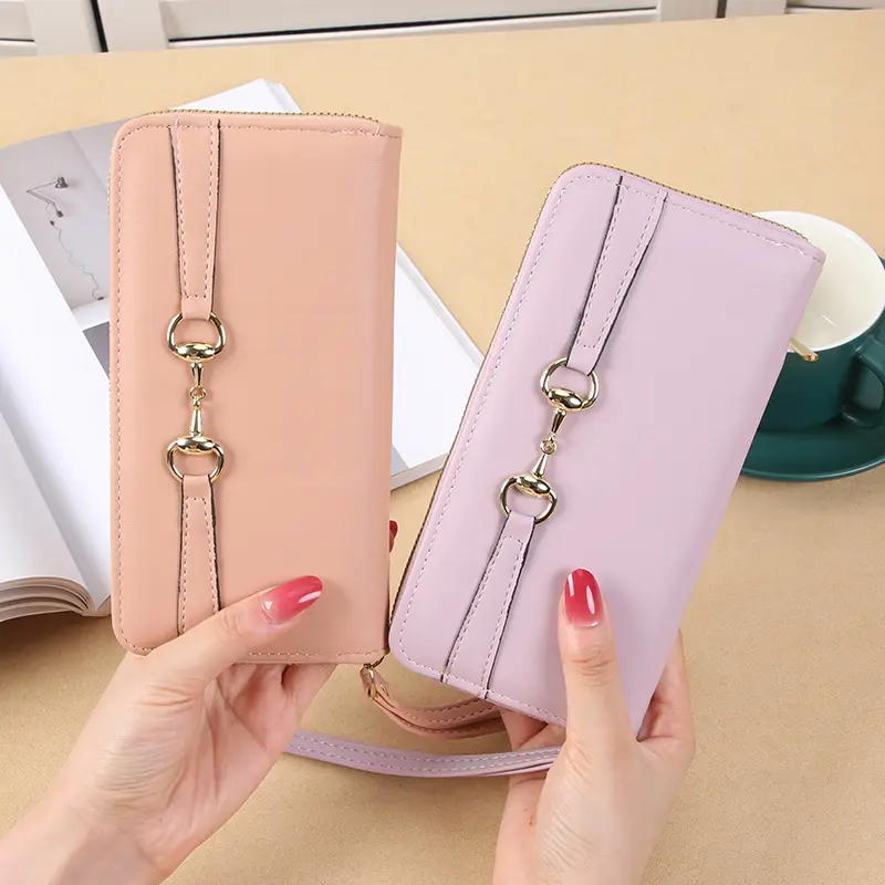 New Women's Long Single Zipper Wallet Solid Color Simple Zipper Phone Bag Multi functional Large Capacity Handheld Bag