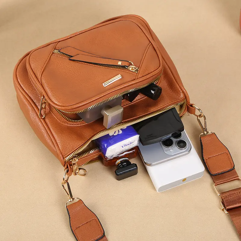 New multi-layer multi zipper middle-aged women's soft leather large capacity shoulder bag versatile and simple crossbody bag