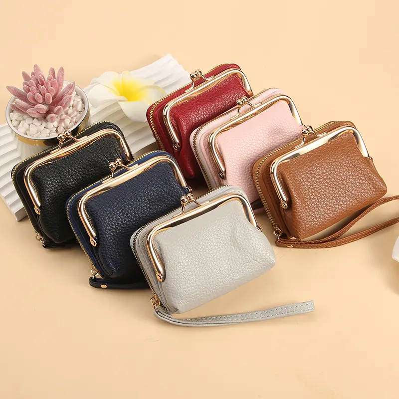 Simple and stylish short card bag Soft lychee print ladies cross-border zipper bag multi-slot wrist strap card bag