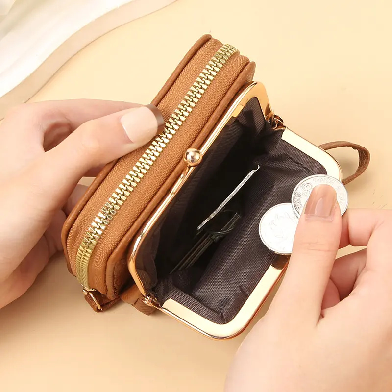 Simple and stylish short card bag Soft lychee print ladies cross-border zipper bag multi-slot wrist strap card bag
