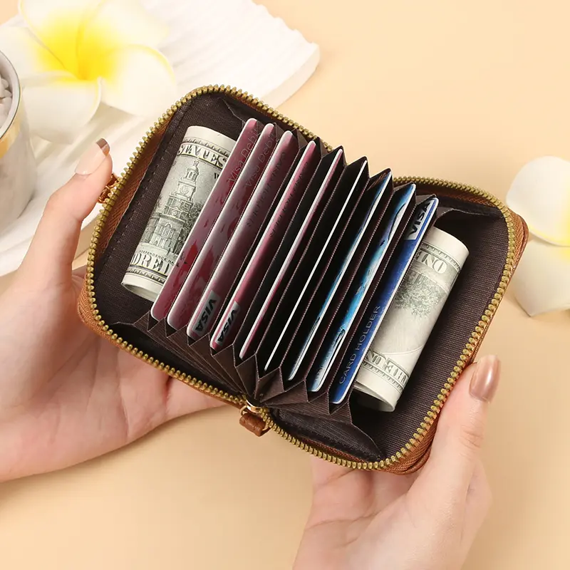 Simple and stylish short card bag Soft lychee print ladies cross-border zipper bag multi-slot wrist strap card bag