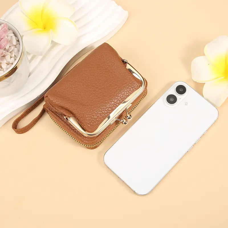 Simple and stylish short card bag Soft lychee print ladies cross-border zipper bag multi-slot wrist strap card bag