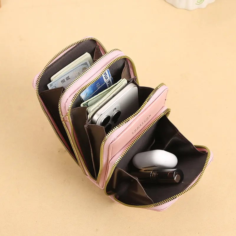New mobile phone bag female Korean version fashion multi-functional crossbody shoulder bag three-layer zipper solid color simple