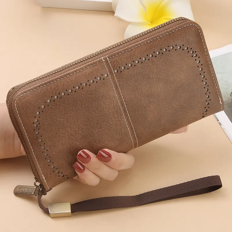 RFID anti-theft long wallet for men and women; 2025 cross-border new version; large capacity mobile phone bag; vintage hollowedo