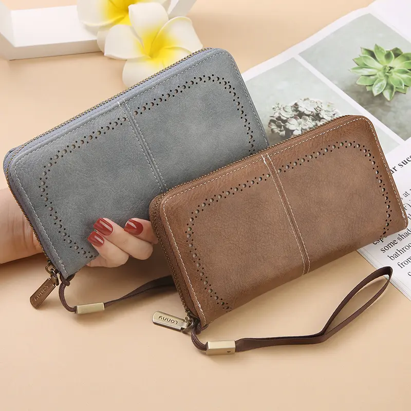 RFID anti-theft long wallet for men and women; 2025 cross-border new version; large capacity mobile phone bag; vintage hollowedo