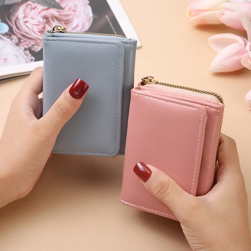 Mini PU leather wallet for women; short, large capacity, creative coin purse, card holder