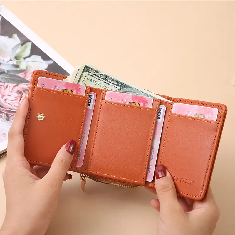 Mini PU leather wallet for women; short, large capacity, creative coin purse, card holder