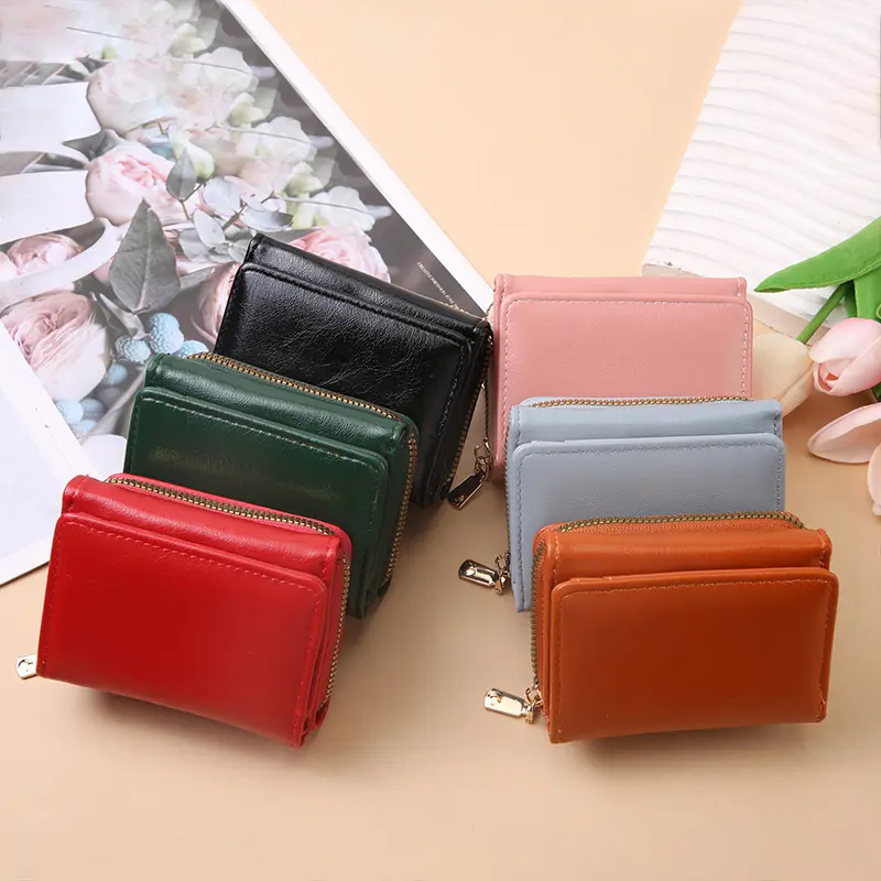 Mini PU leather wallet for women; short, large capacity, creative coin purse, card holder