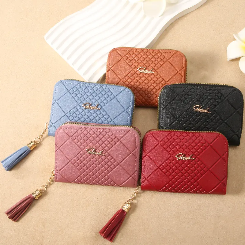 New women's short wallet simple plaid embossed handbag zipper bag multi-card slot purse card bag