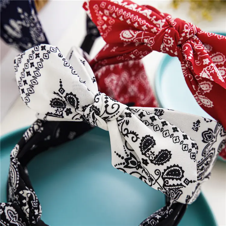 Fashion Cotton Cashew Flowers Printing Soft Wide Hairhoop Hair Accessories for Women Casual Bow Cross Ethnic Headband Wholesale