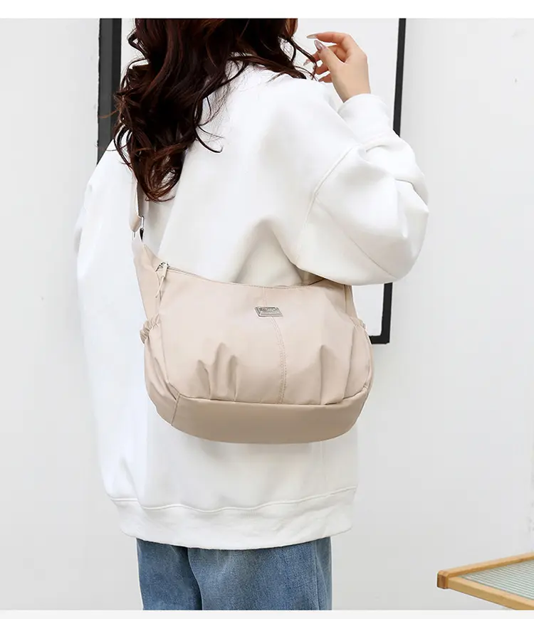 Casual Pleated Shoulder Bag Women's Dumpling Bag Office Ready Single Crossbody Bag Fashionable Soft Nylon Square Shape Bag