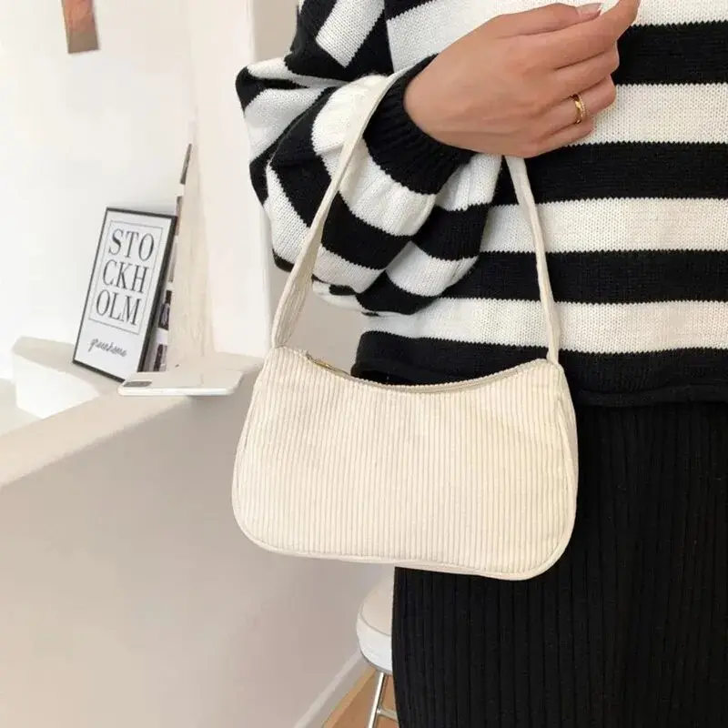 Retro Underarm Bag Women's Half Moon Shoulder Bag Fashion Solid Color Small Handbags For Women New Zipper Corduroy Clutch