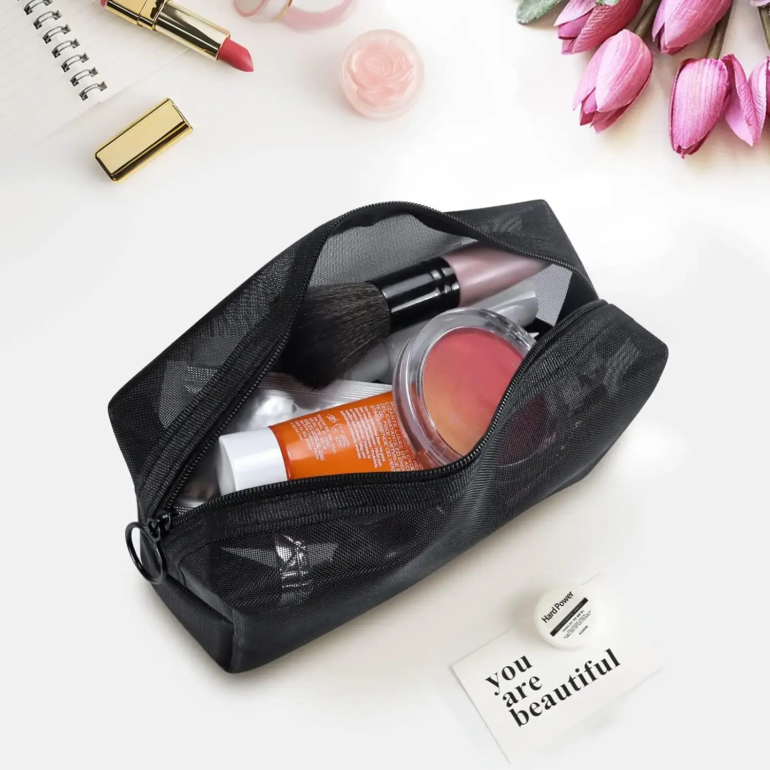 1PC Travel Black Mesh Cosmetic Bag Zipper Makeup Bag For Women Wash Toiletry Bag Makeup Organizer Portable Storage Pouch