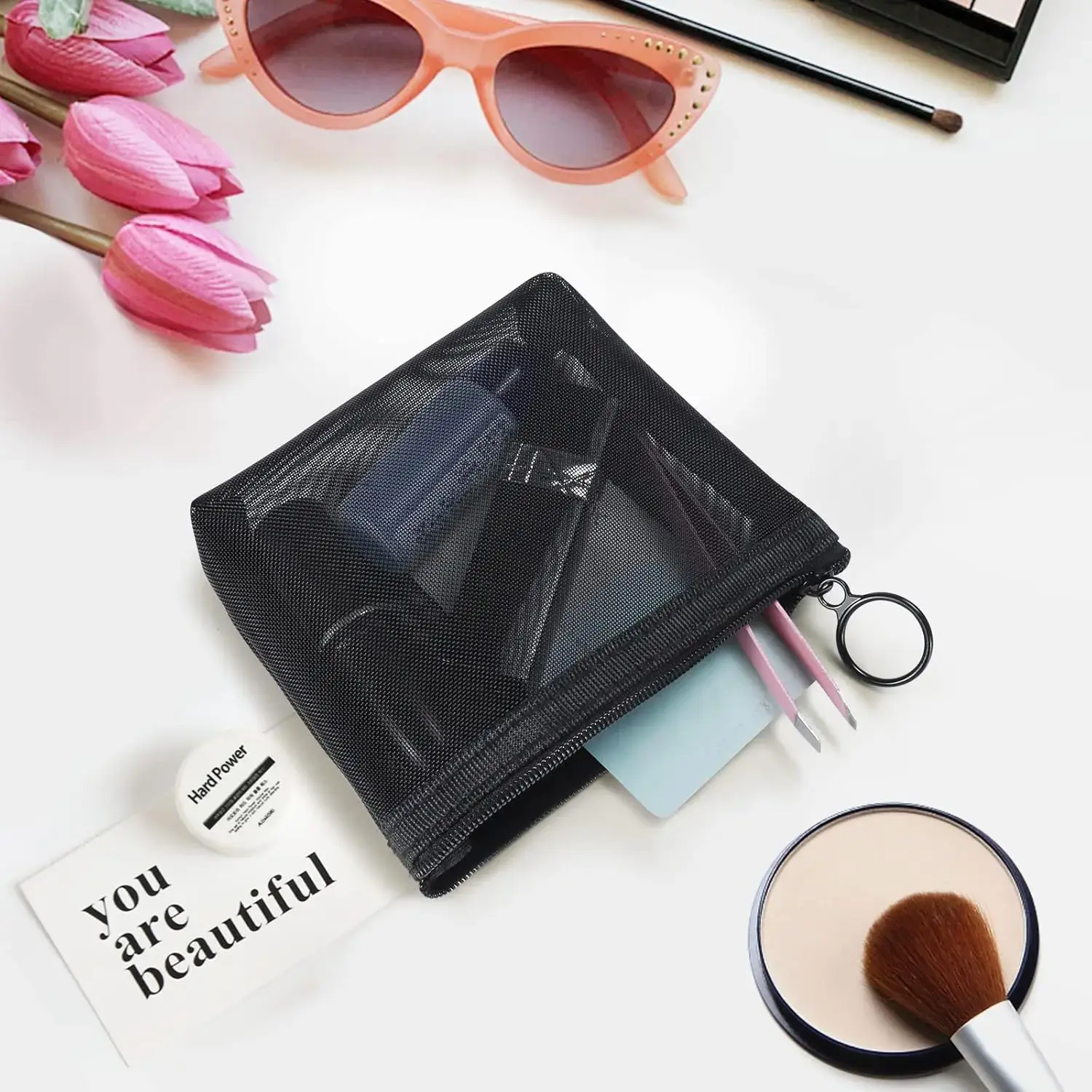 1PC Travel Black Mesh Cosmetic Bag Zipper Makeup Bag For Women Wash Toiletry Bag Makeup Organizer Portable Storage Pouch