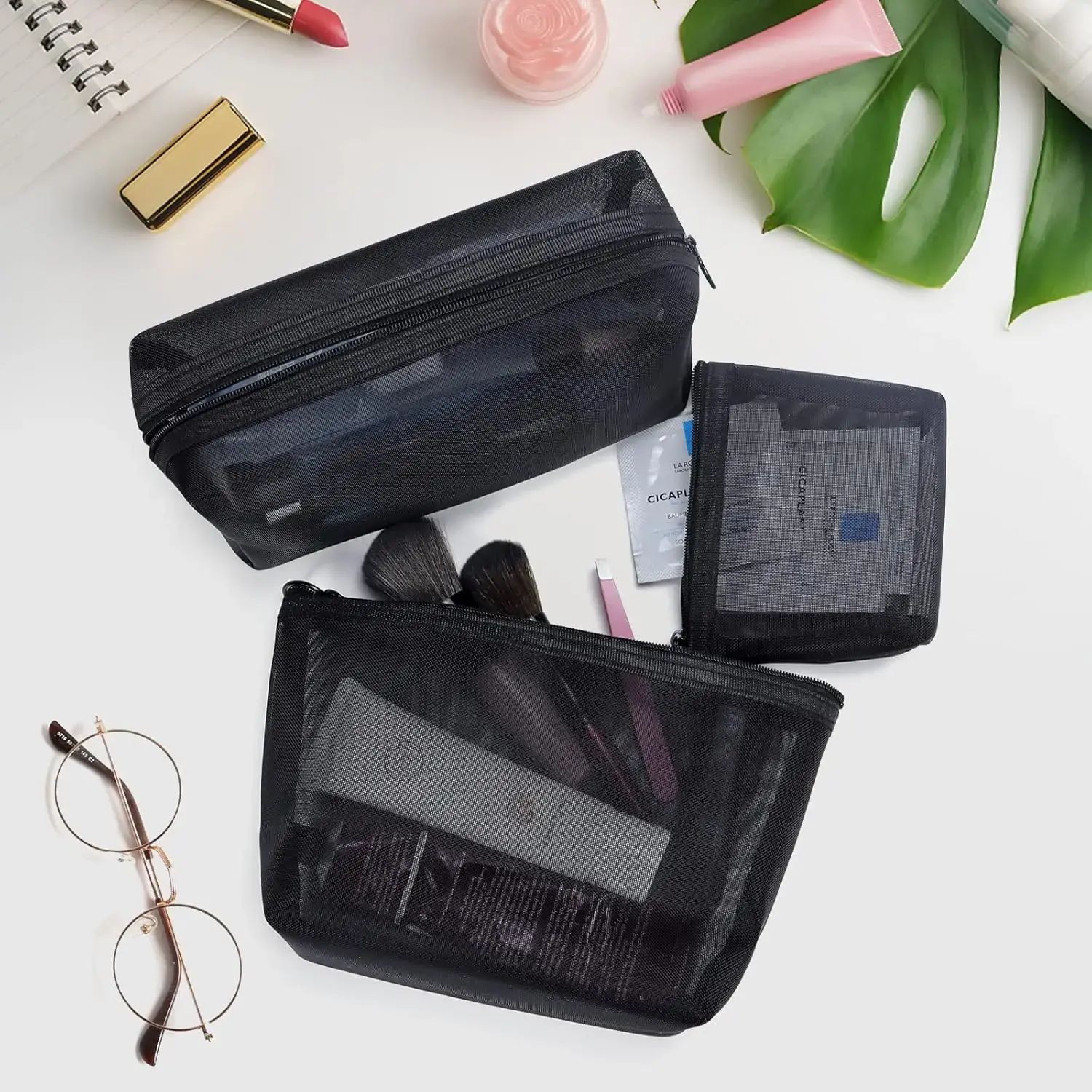 1PC Travel Black Mesh Cosmetic Bag Zipper Makeup Bag For Women Wash Toiletry Bag Makeup Organizer Portable Storage Pouch