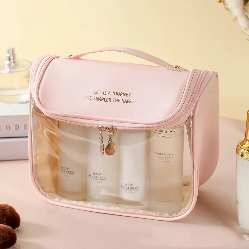 Women Transparent Waterproof PVC Cosmetic Bag Travel Toiletry Organizer Tote Bag with Hook Makeup Storage Bag for Holiday Gifts
