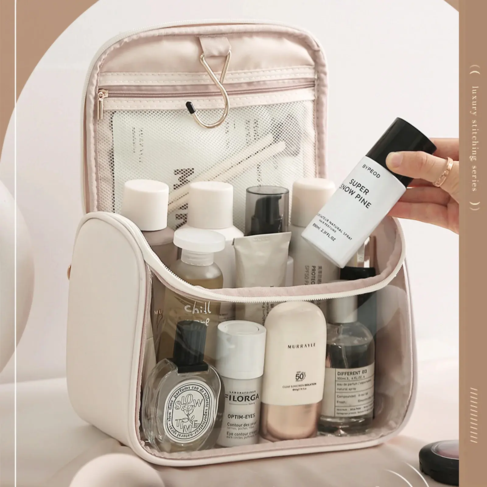 Women Transparent Waterproof PVC Cosmetic Bag Travel Toiletry Organizer Tote Bag with Hook Makeup Storage Bag for Holiday Gifts
