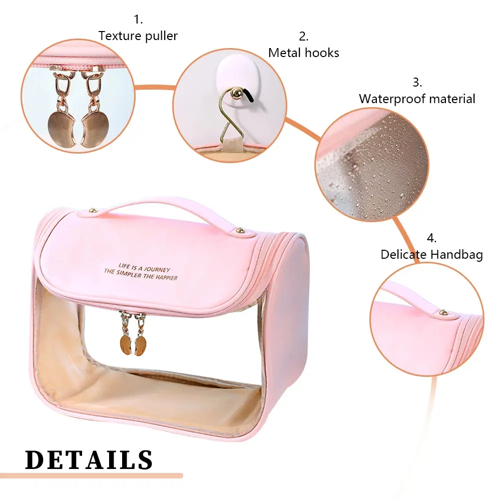 Women Transparent Waterproof PVC Cosmetic Bag Travel Toiletry Organizer Tote Bag with Hook Makeup Storage Bag for Holiday Gifts