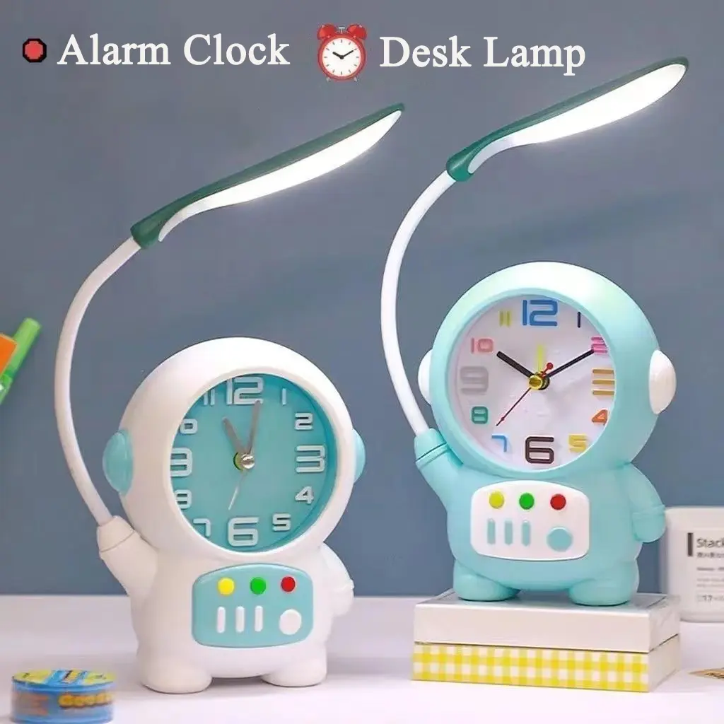 Astronaut Desk Lamp with Glowing Alarm Clock Cartoon Children Kids Reading Night Light Tabletop Clock Home Decorations