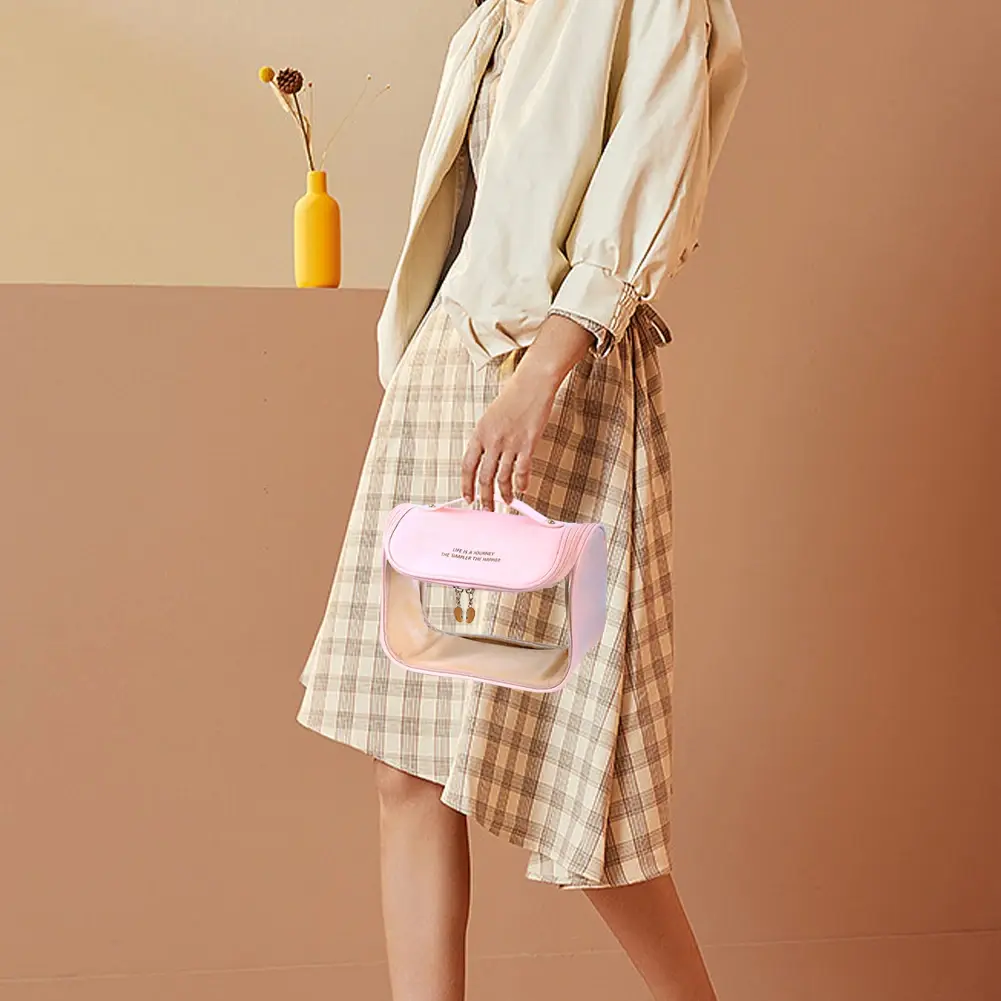 Women Transparent Waterproof PVC Cosmetic Bag Travel Toiletry Organizer Tote Bag with Hook Makeup Storage Bag for Holiday Gifts