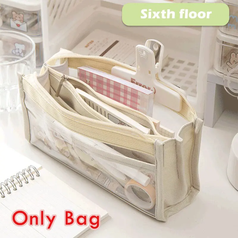 Six Layer Large Capacity Pencil Bag Pen Case Stationery Supplies High Appearance Aesthetic Transparent PVC Storage Organizer