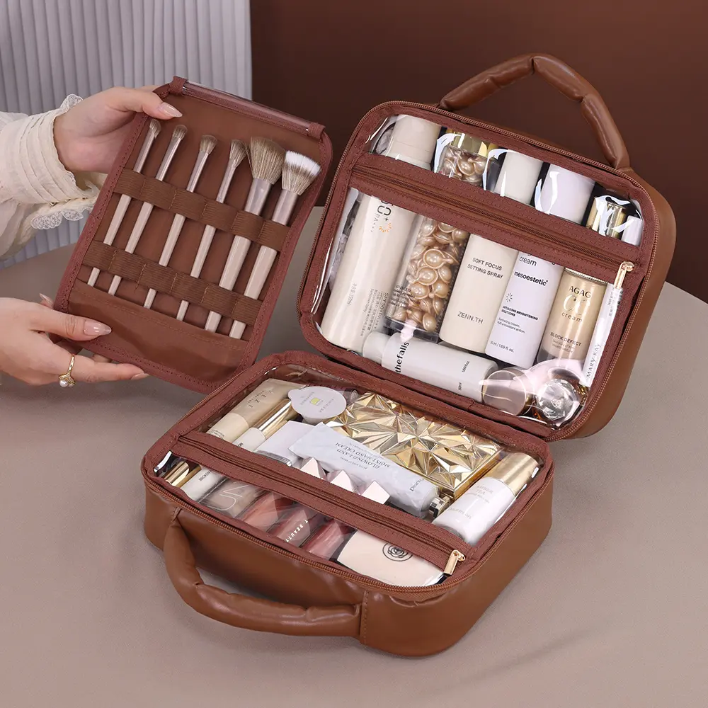 Large Capacity PU Grid Melody Women's Cosmetic Storage Box Portable Travel Makeup Bag High-end Feel Multi-compartment Wash Bag